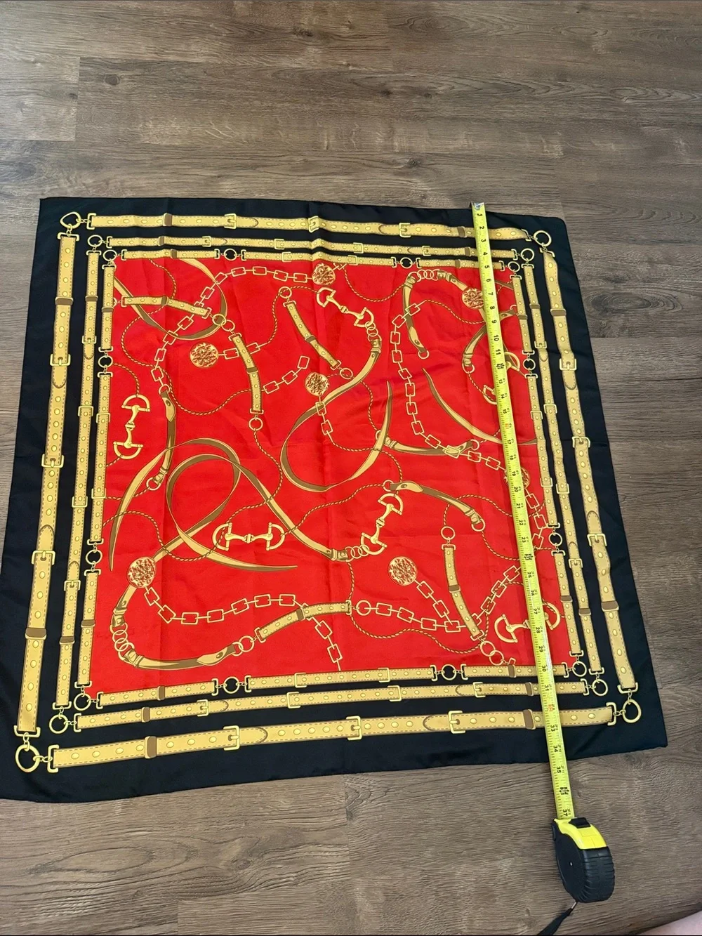 Red and Black Chain Print Silk Scarf rolled hem silk blend